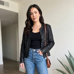 Vintage CACHÉ Black Mosaic Leather Fringe Jacket | Boho Western Y2K Statement